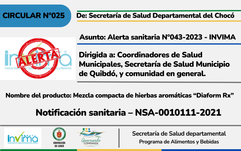 Mediante circular N°025 el INVIMA alerta sobre consumo de producto: Mezcla compacta de hierbas aromáticas “Diaform Rx”    