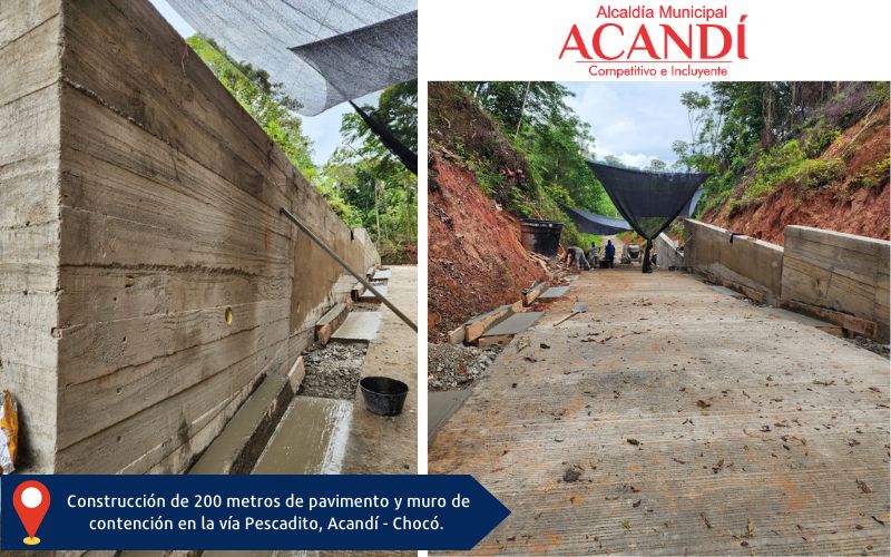 Alcaldía Municipal de Acandí muestra importantes avances en la construcción del pavimento y muro de contención en la vía que conduce al resguardo Indígena de Pescadito.