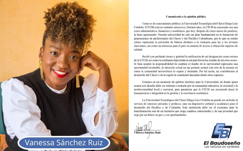 Vanessa Sánchez Ruiz, declinó designación del Ministro de Educación como rectora encargada de la Universidad Tecnológica del Chocó.