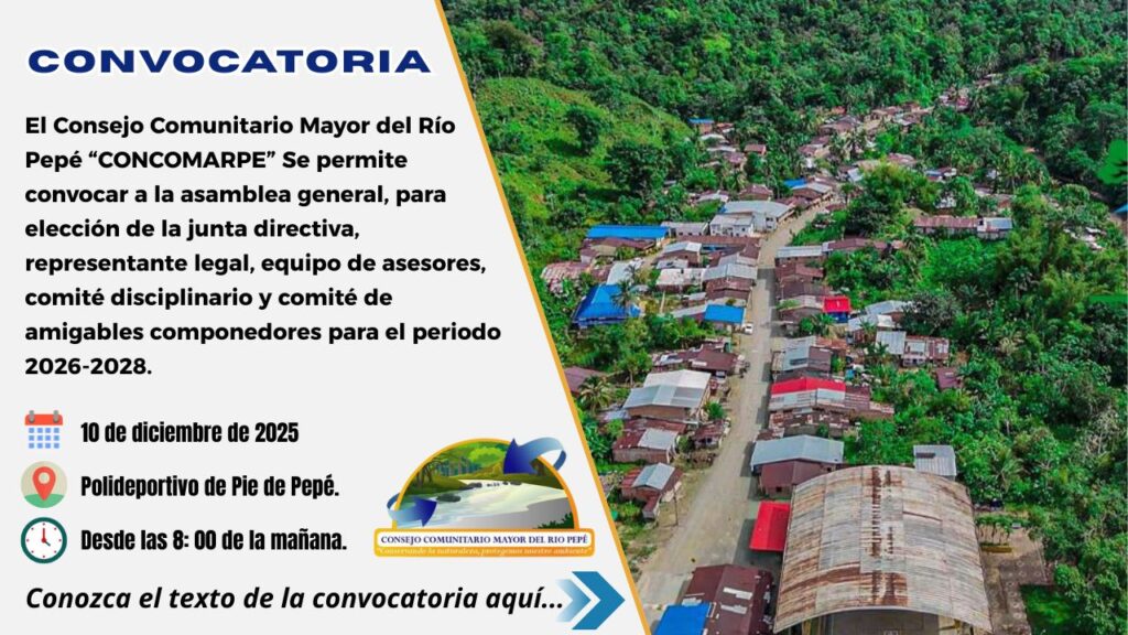 Convocatoria para elección de la junta directiva, representante legal, equipo de asesores, comité disciplinario y comité de amigables componedores para el periodo 2026-2028 del Consejo Comunitario Mayor del Río Pepé “CONCOMARPE”
