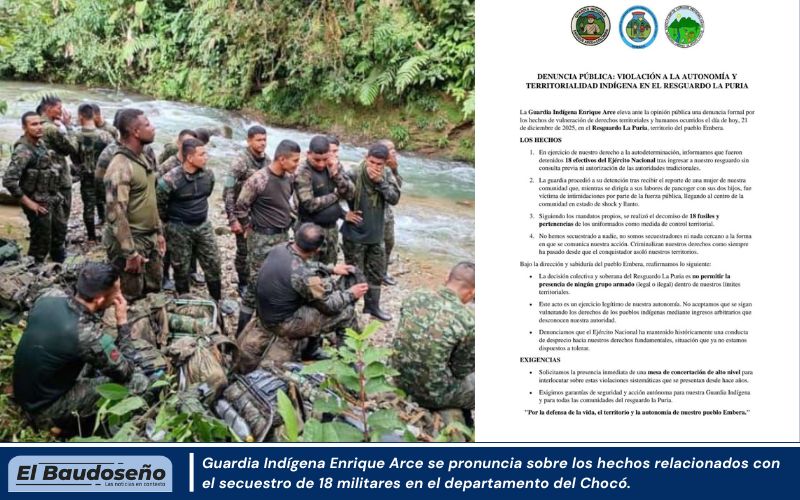 Guardia Indígena Enrique Arce se pronuncia sobre los hechos relacionados con el secuestro de 18 militares en el departamento del Chocó.