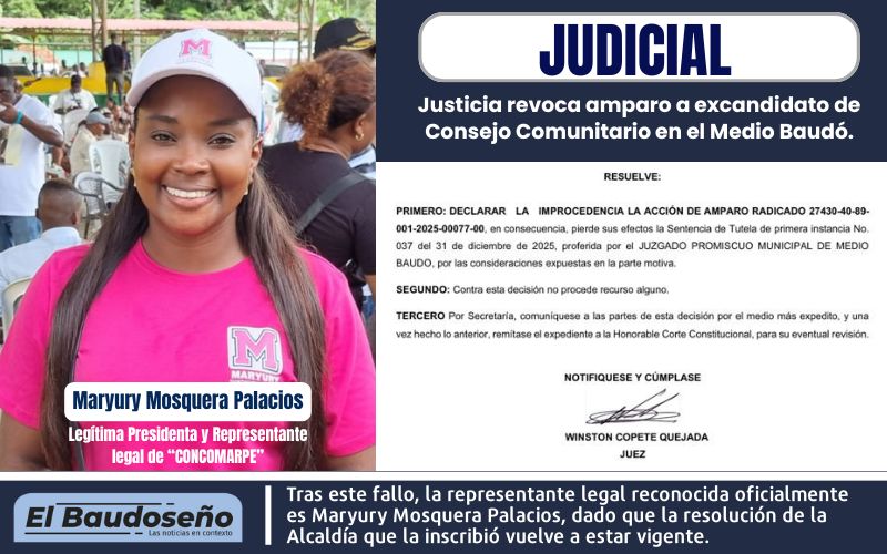 Justicia revoca amparo a excandidato de Consejo Comunitario en el municipio del Medio Baudó.