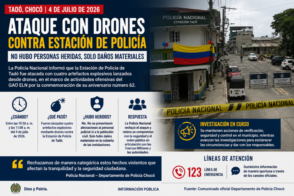 Ataque con drones contra la Estación de Policía de Tadó no dejó personas heridas