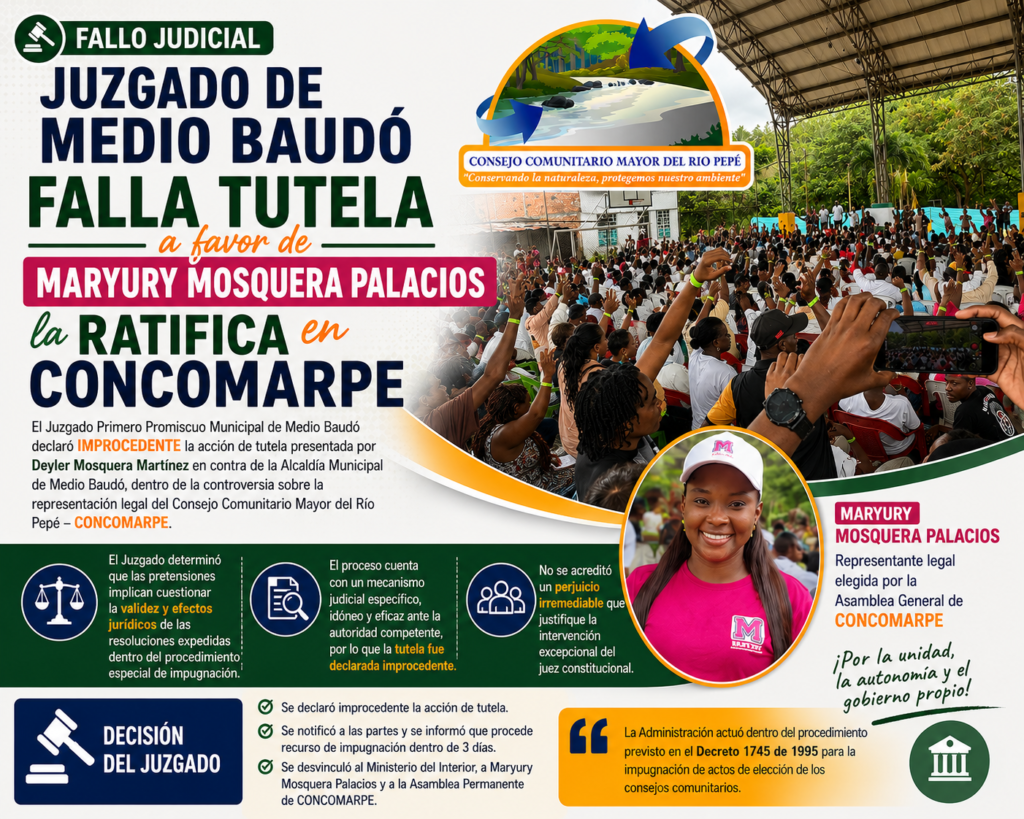 Juzgando de Medio Baudó falla tutela a favor de Maryury Mosquera Palacios la ratifica en CONCOMARPE.